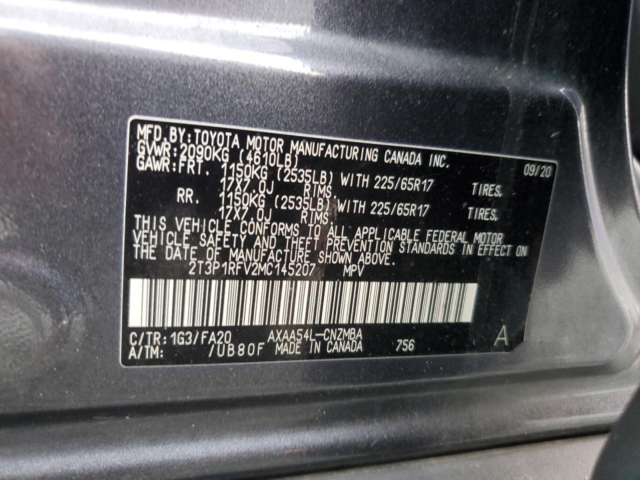 2021 Toyota RAV 4 VIN 2T3P1RFV2MC145207 Copart auction photo, front end / side damage thumbnail 15