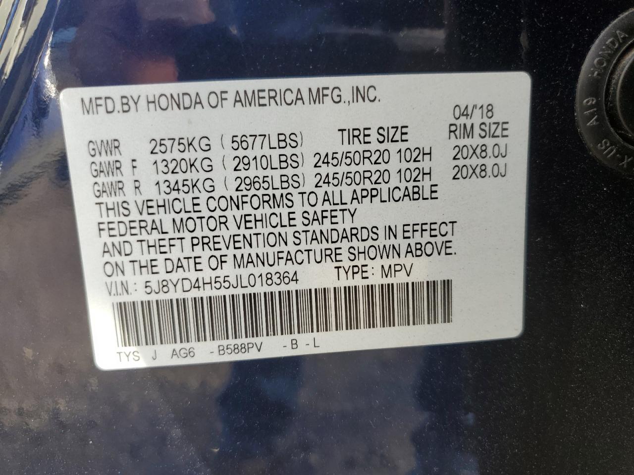 2018 Acura MDX VIN 5J8YD4H55JL018364 Copart auction photo, front end / minor dent/scratches damage thumbnail 15