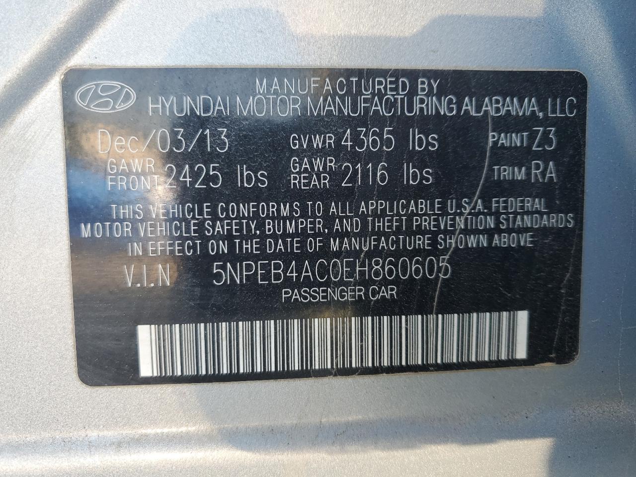 2014 Hyundai Sonata VIN 5NPEB4AC0EH860605 Copart auction photo, rear end damage thumbnail 13