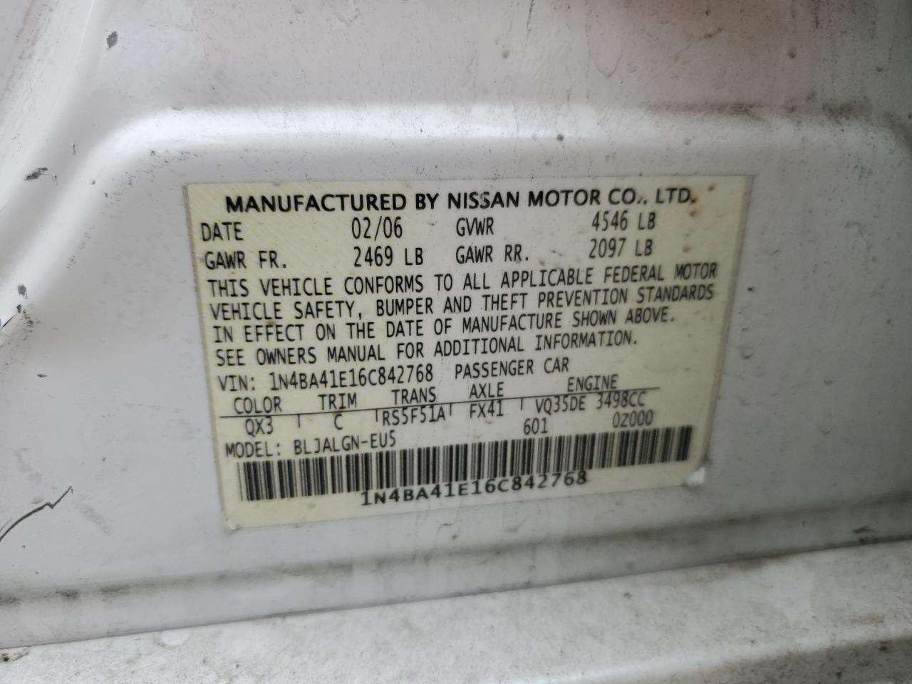 2006 Nissan Maxima VIN 1N4BA41E16C842768 Copart auction photo, side / undercarriage damage thumbnail 15