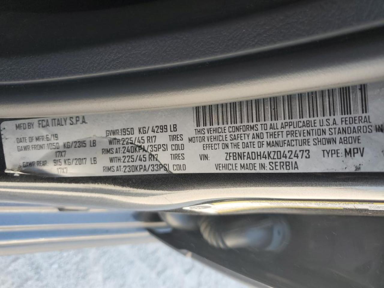 2019 Fiat 500 VIN ZFBNFADH4KZ042473 Copart auction photo, all over damage thumbnail 14
