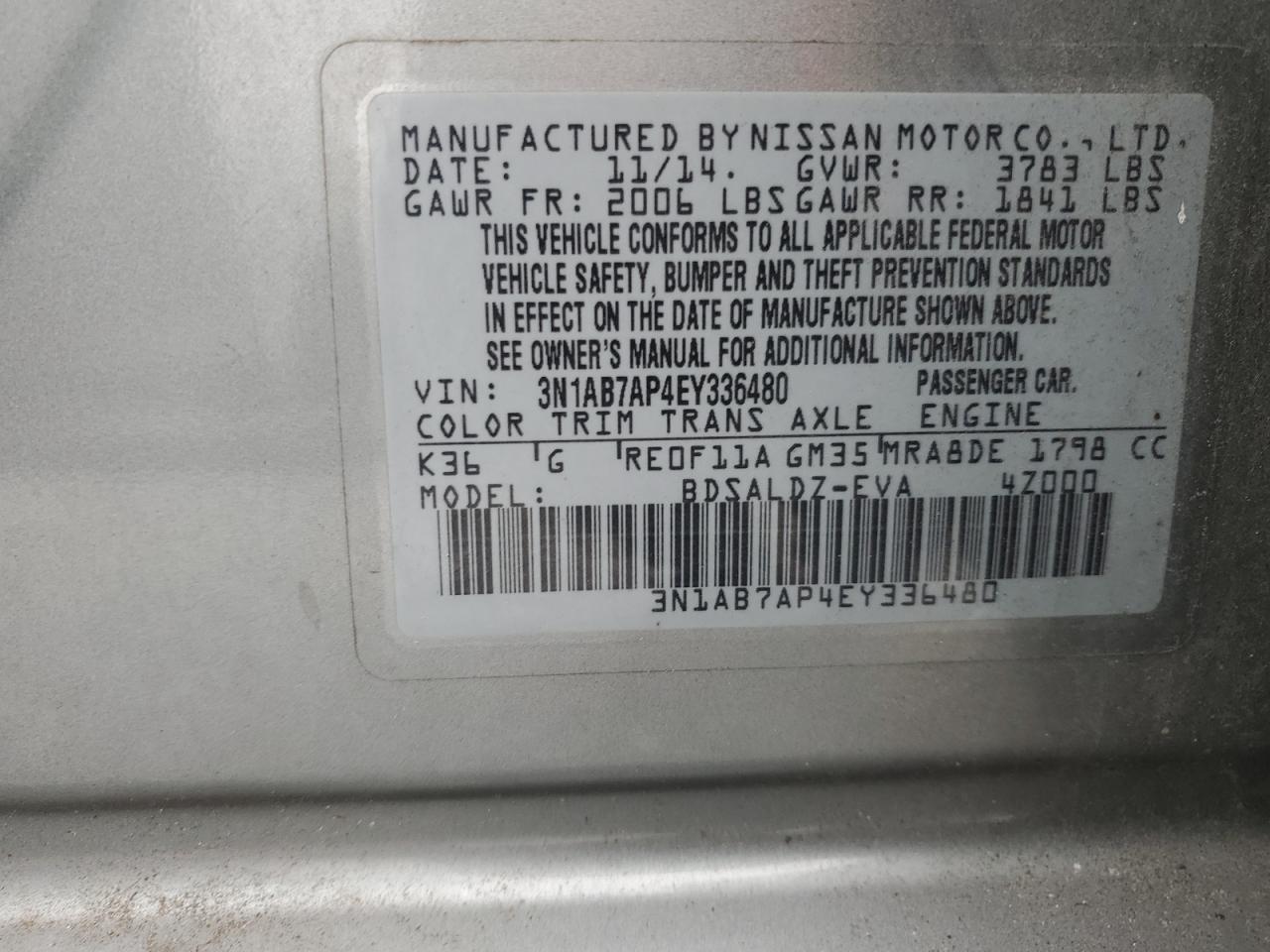 2014 Nissan Sentra VIN 3N1AB7AP4EY336480 Copart auction photo, rear end damage thumbnail 15