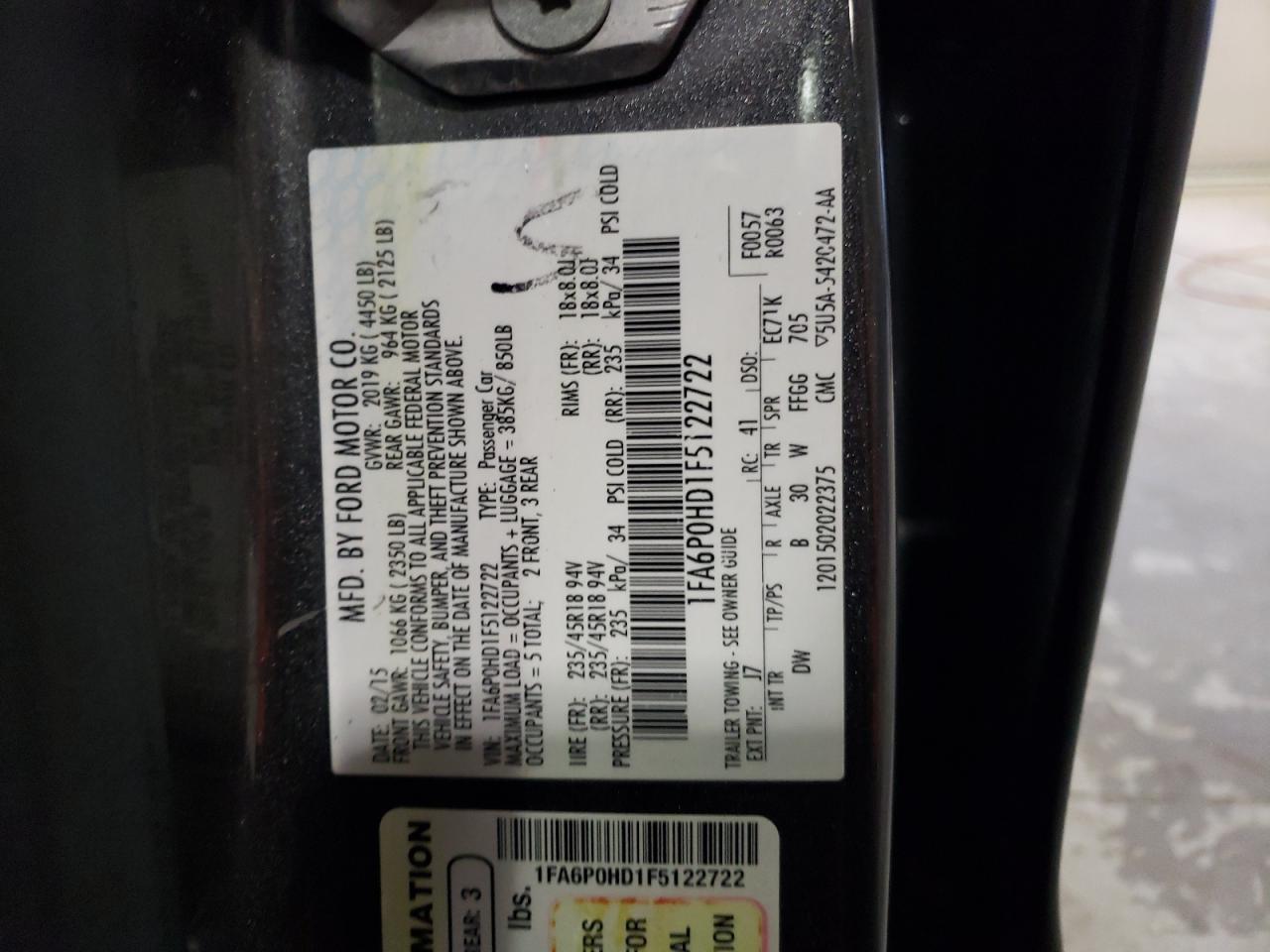 2015 Ford Fusion VIN 1FA6P0HD1F5122722 Copart auction photo, front end damage thumbnail 12