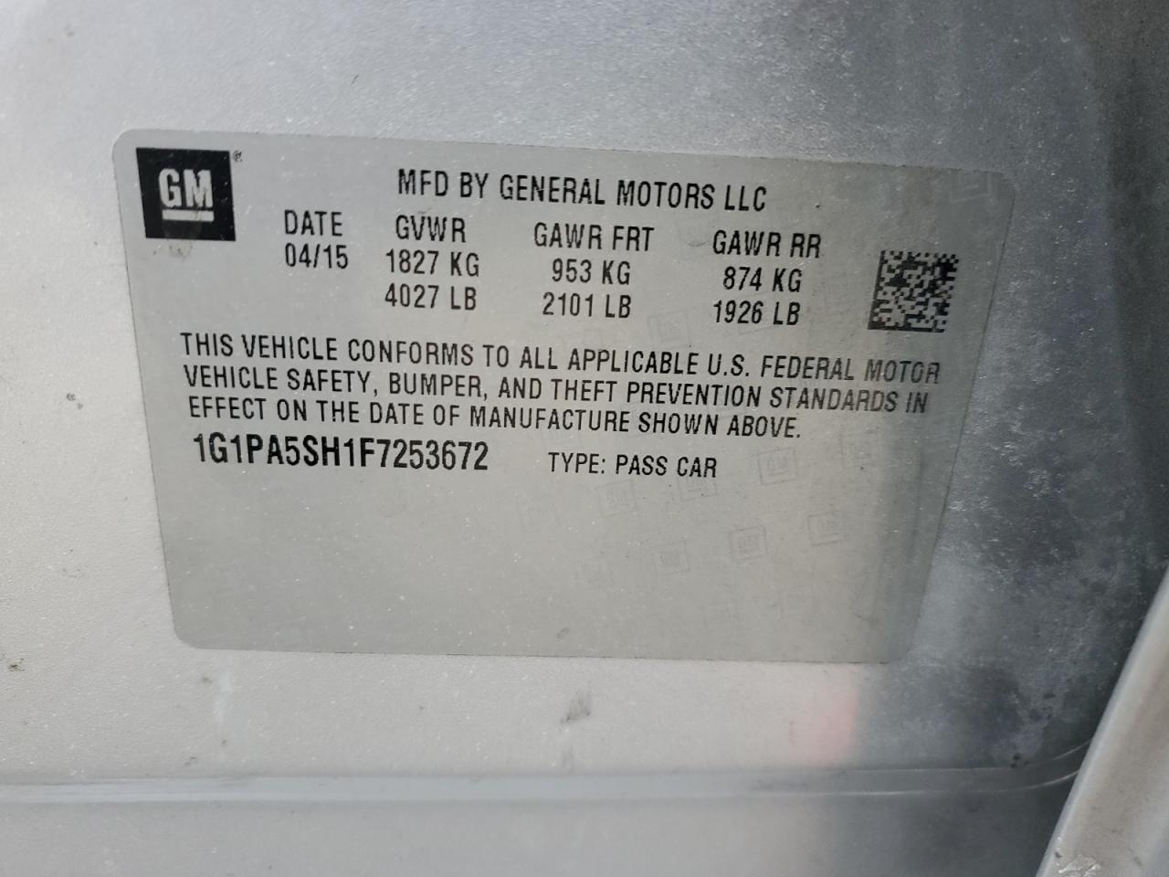 2015 Chevrolet Cruze VIN 1G1PA5SH1F7253672 Copart auction photo, rear end damage thumbnail 13