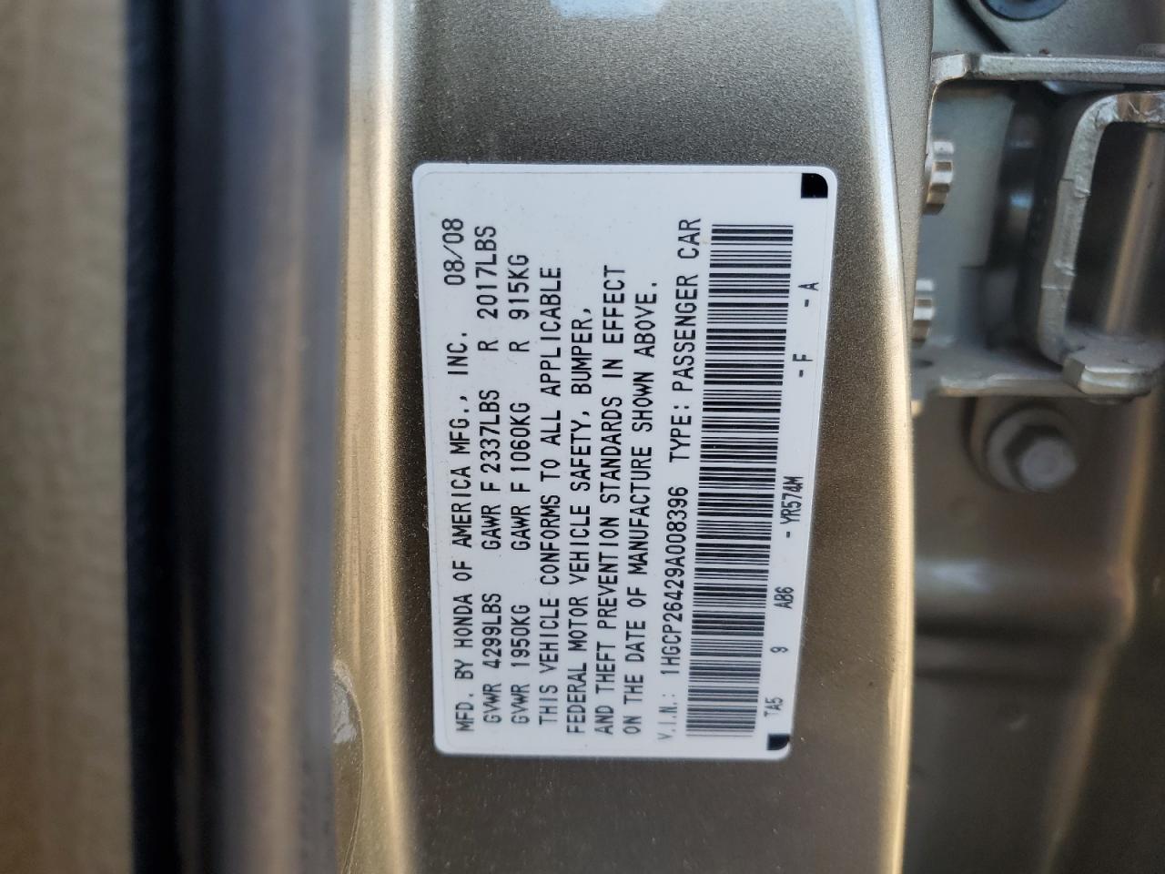 2009 Honda Accord VIN 1HGCP26429A008396 Copart auction photo, front end / side damage thumbnail 14