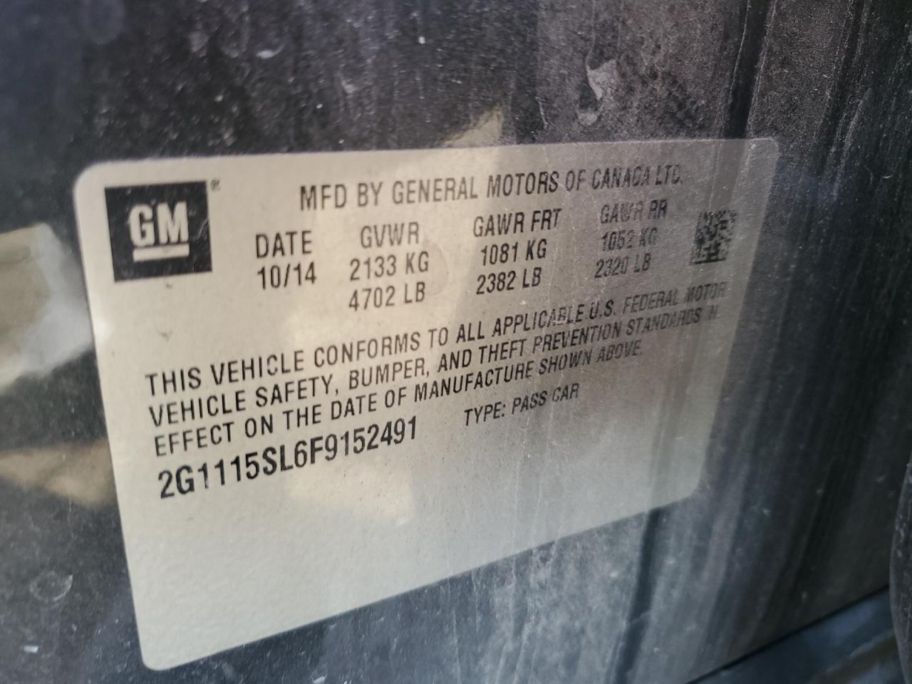 2015 Chevrolet Impala VIN 2G1115SL6F9152491 Copart auction photo, front end damage thumbnail 12