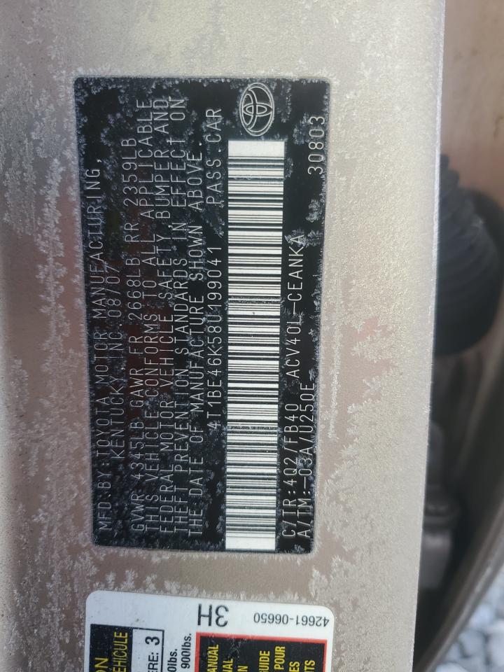 2008 Toyota Camry VIN 4T1BE46K58U199041 Copart auction photo, front end / side damage thumbnail 12