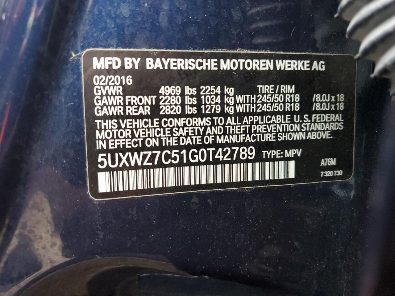 2016 BMW X3 VIN 5UXWZ7C51G0T42789 Copart auction photo, front end damage thumbnail 14