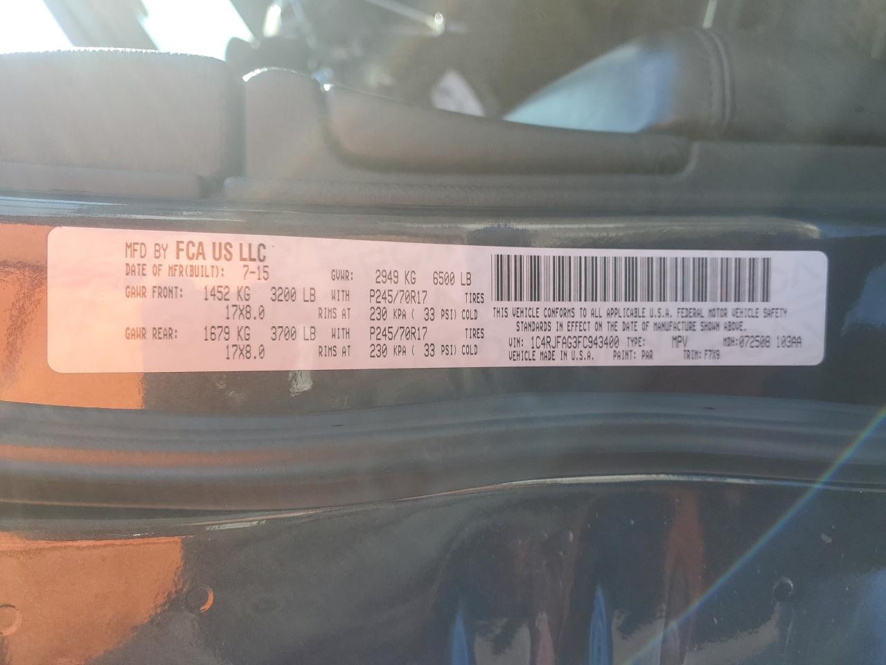 2015 Jeep Grand Cherokee VIN 1C4RJFAG3FC943400 Copart auction photo, front end / minor dent/scratches damage thumbnail 15