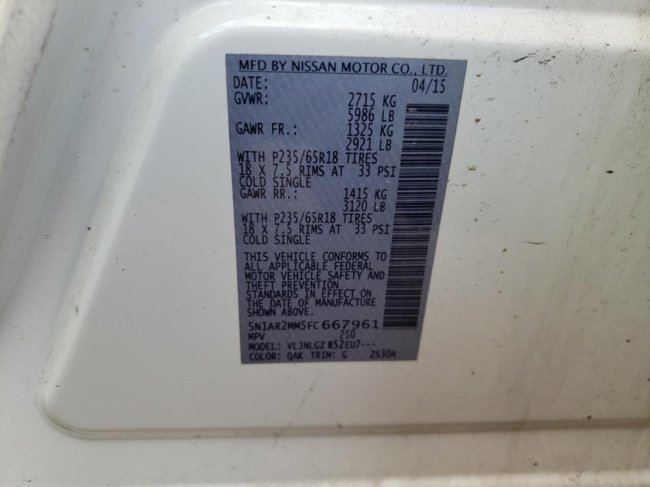 2015 Nissan Pathfinder VIN 5N1AR2MM5FC667961 Copart auction photo, front end / side damage thumbnail 15