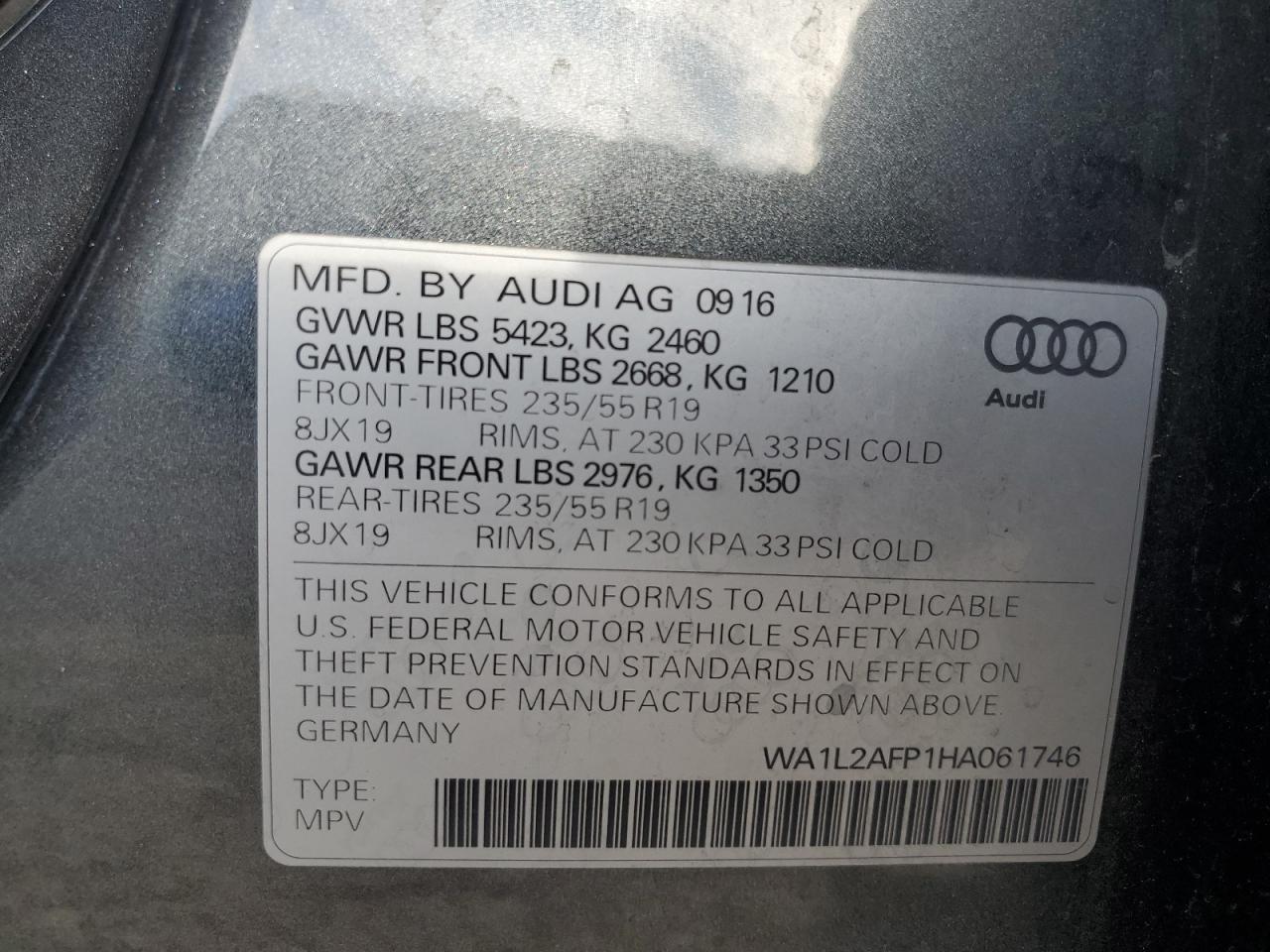 2017 Audi Q5 VIN WA1L2AFP1HA061746 Copart auction photo, front end damage thumbnail 13