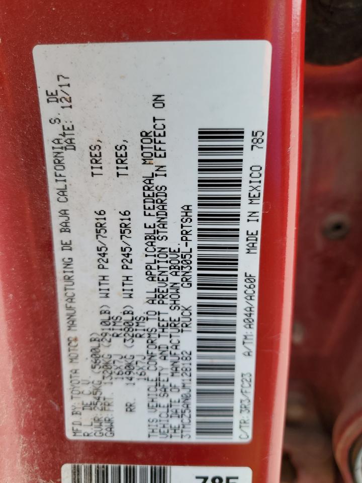 2018 Toyota Tacoma VIN 3TMCZ5AN0JM128182 Copart auction photo, front end / rear end damage thumbnail 12