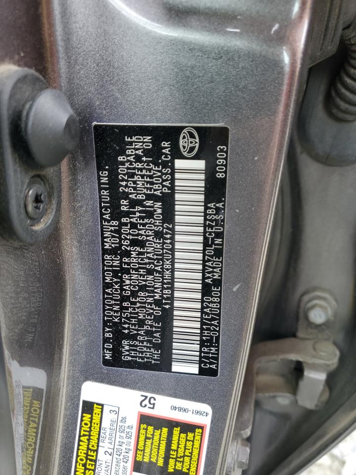 2019 Toyota Camry VIN 4T1B11HK8KU704472 Copart auction photo, front end / minor dent/scratches damage thumbnail 12