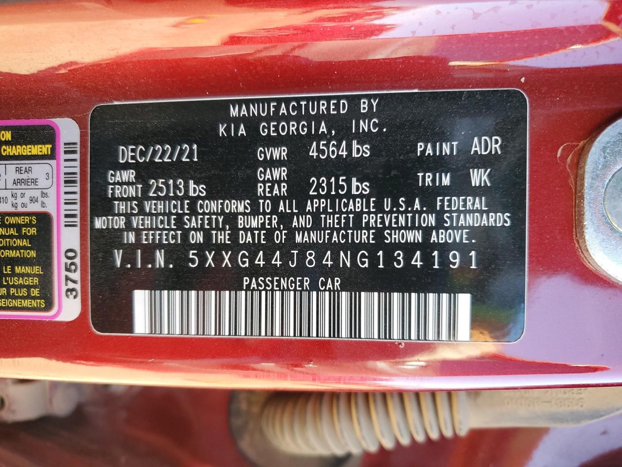 2022 KIA K5 VIN 5XXG44J84NG134191 Copart auction photo, hail damage thumbnail 12