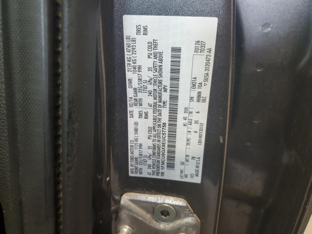 2014 Ford Escape VIN 1FMCU9GX9EUC57758 Copart auction photo, minor dent/scratches damage thumbnail 12