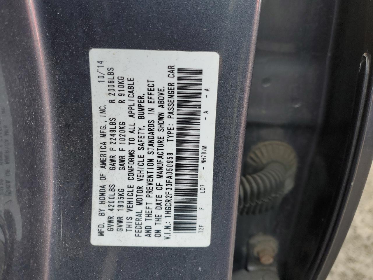 2015 Honda Accord VIN 1HGCR2F33FA050959 Copart auction photo, mechanical / side damage thumbnail 12