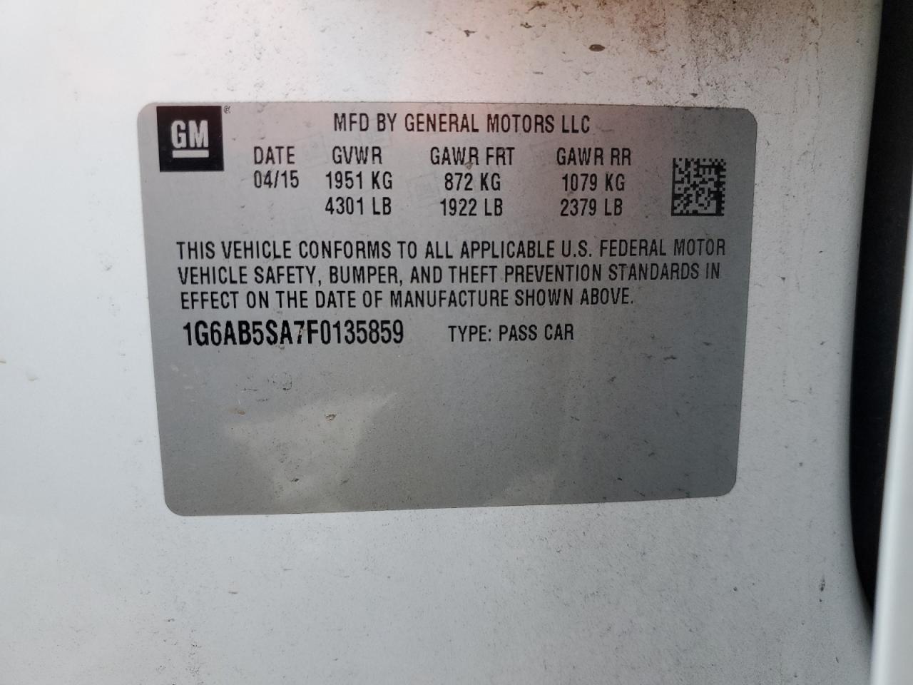 2015 Cadillac ATS VIN 1G6AB5SA7F0135859 Copart auction photo, front end / minor dent/scratches damage thumbnail 12
