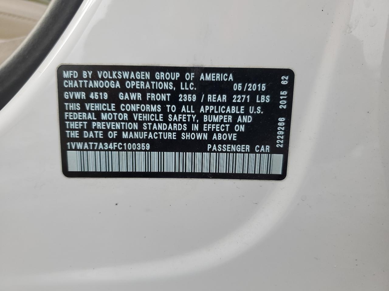 2015 Volkswagen Passat VIN 1VWAT7A34FC100359 Copart auction photo, front end / undercarriage damage thumbnail 14