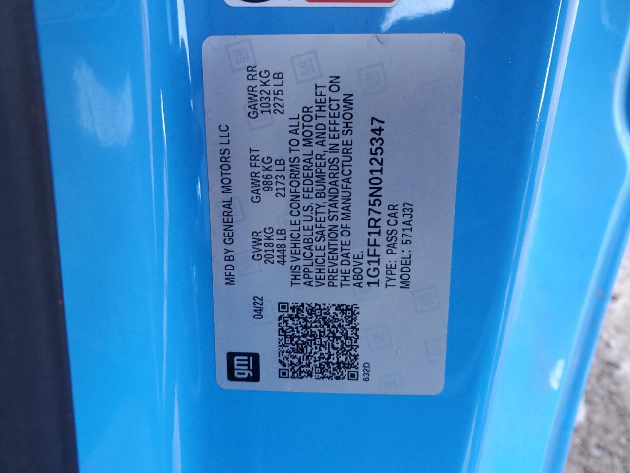 2022 Chevrolet Camaro VIN 1G1FF1R75N0125347 Copart auction photo, side damage thumbnail 14