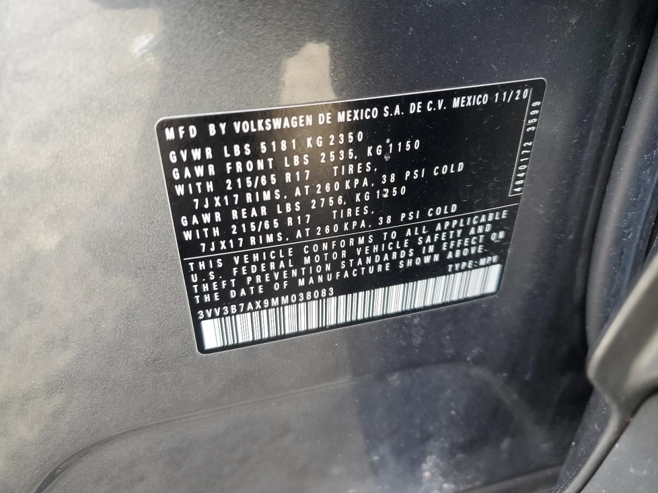 2021 Volkswagen Tiguan VIN 3VV3B7AX9MM038083 Copart auction photo, side damage thumbnail 15