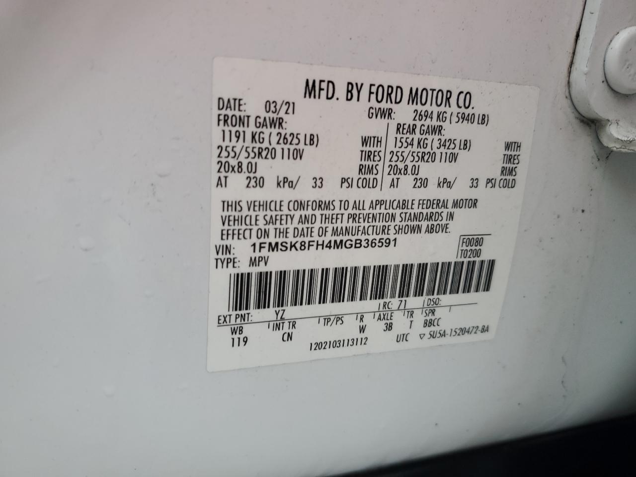 2021 Ford Explorer VIN 1FMSK8FH4MGB36591 Copart auction photo, front end / side damage thumbnail 13