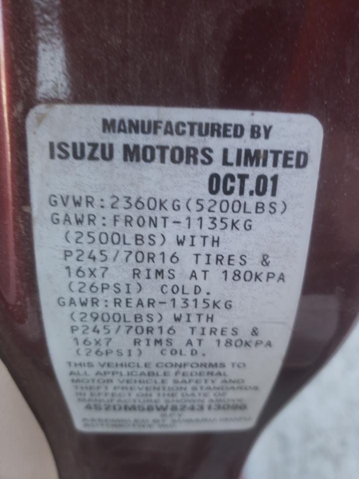 2002 Isuzu Rodeo VIN 4S2DM58W824313096 Copart auction photo, rear end damage thumbnail 13