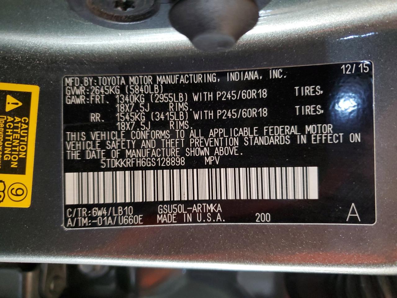 2016 Toyota Highlander VIN 5TDKKRFH6GS128898 Copart auction photo, front end damage thumbnail 13