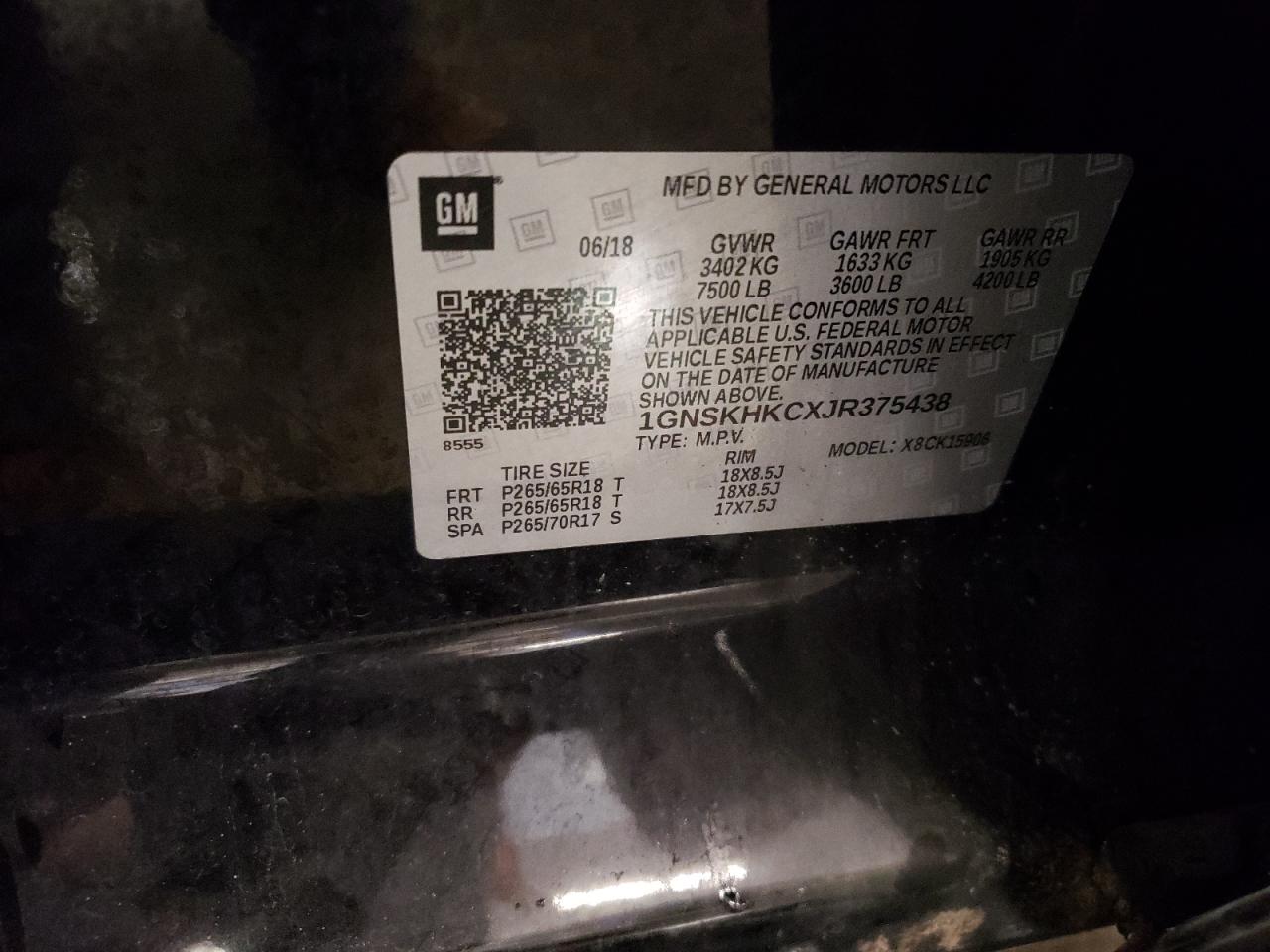 2018 Chevrolet Suburban VIN 1GNSKHKCXJR375438 Copart auction photo, front end damage thumbnail 16
