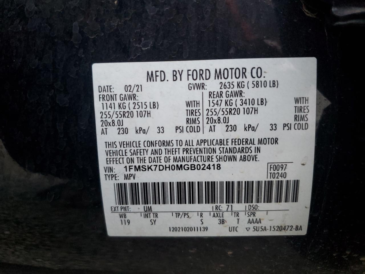 2021 Ford Explorer VIN 1FMSK7DH0MGB02418 Copart auction photo, rear end damage thumbnail 14