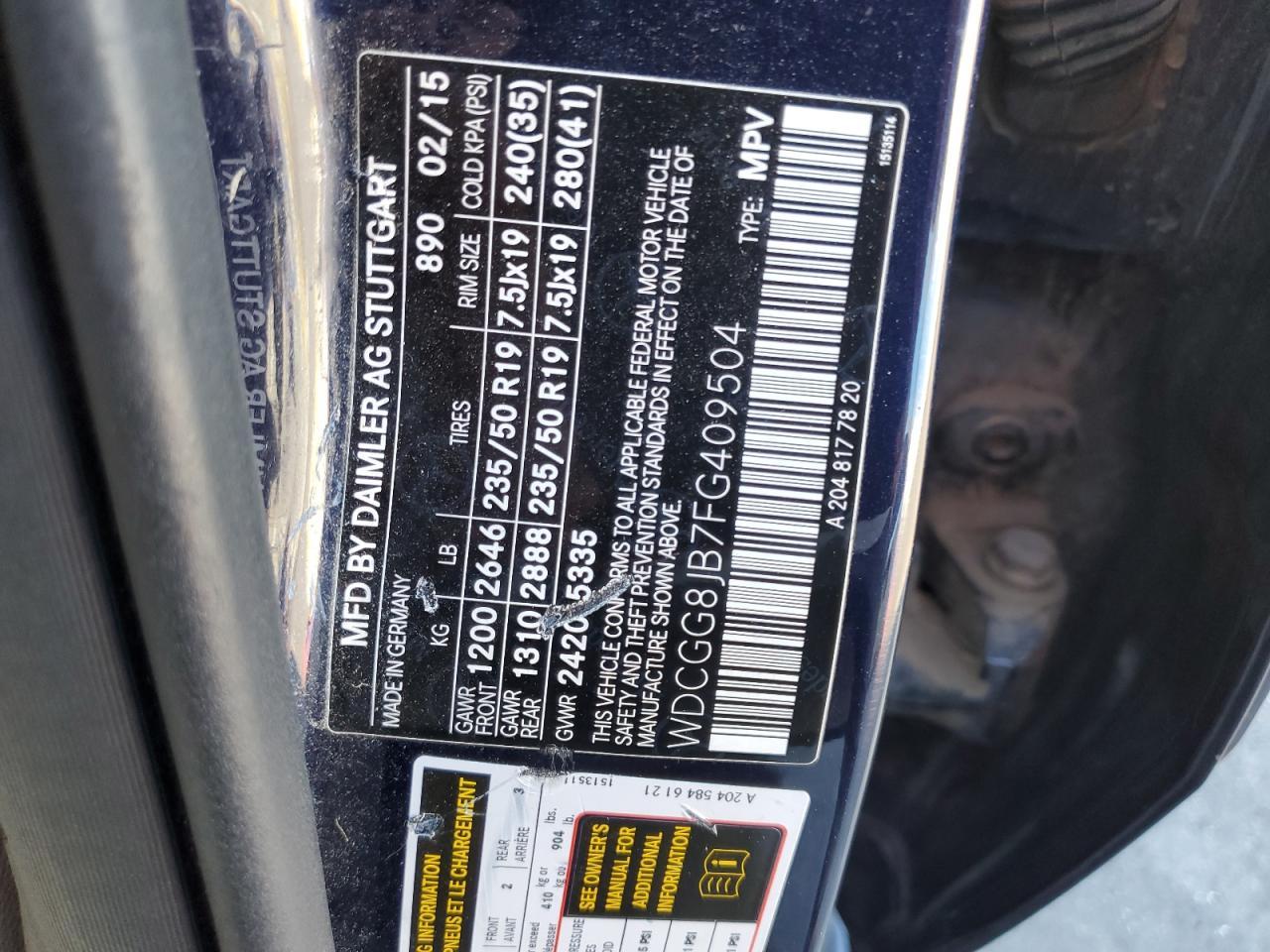 2015 Mercedes-Benz GLK-klasse VIN WDCGG8JB7FG409504 Copart auction photo, front end / rear end damage thumbnail 14