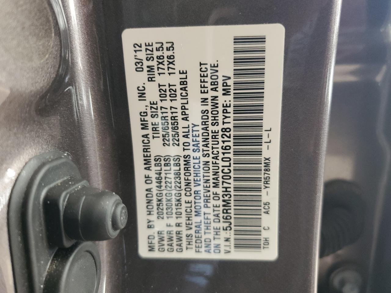 2012 Honda CR-V VIN 5J6RM3H70CL016128 Copart auction photo, front end damage thumbnail 14