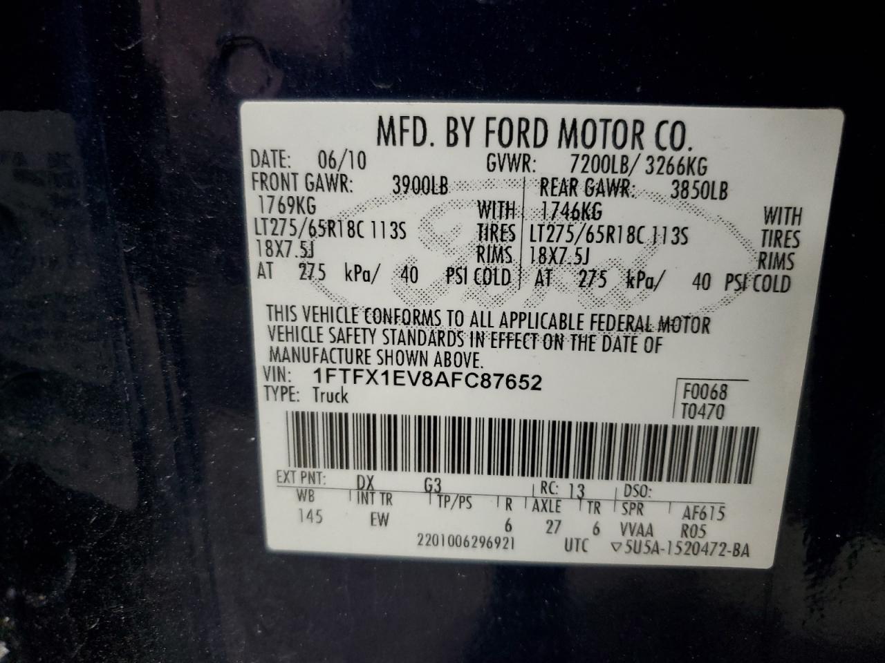 2010 Ford F-150 VIN 1FTFX1EV8AFC87652 Copart auction photo, front end / side damage thumbnail 12