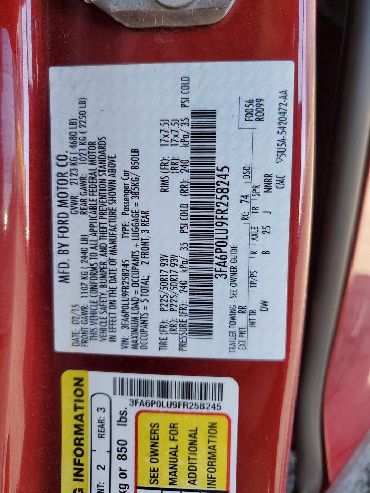 2015 Ford Fusion VIN 3FA6P0LU9FR258245 Copart auction photo, front end / side damage thumbnail 14