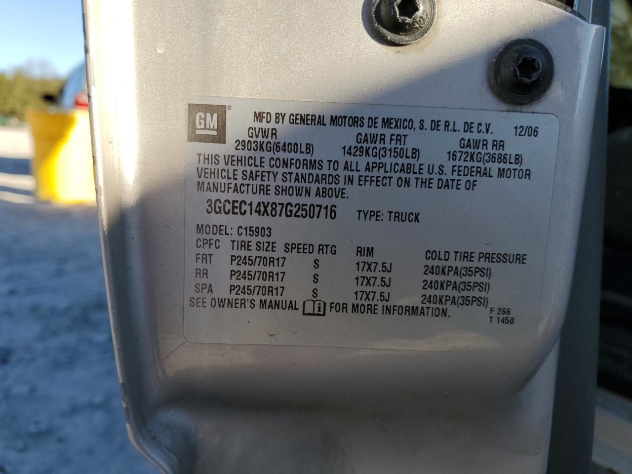 2007 Chevrolet Silverado VIN 3GCEC14X87G250716 Copart auction photo, front end damage thumbnail 15