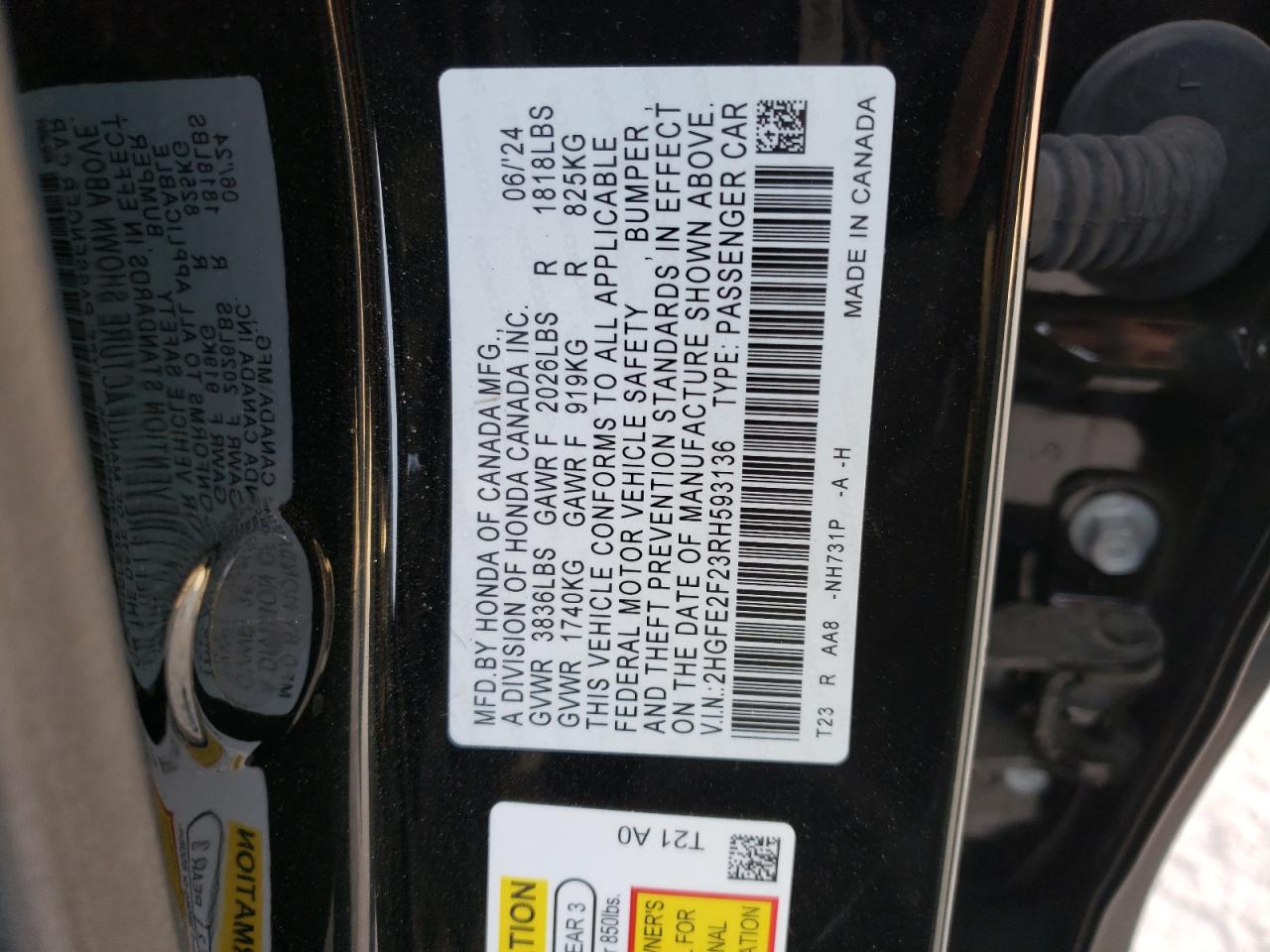 2024 Honda Civic VIN 2HGFE2F23RH593136 Copart auction photo, front end / side damage thumbnail 13