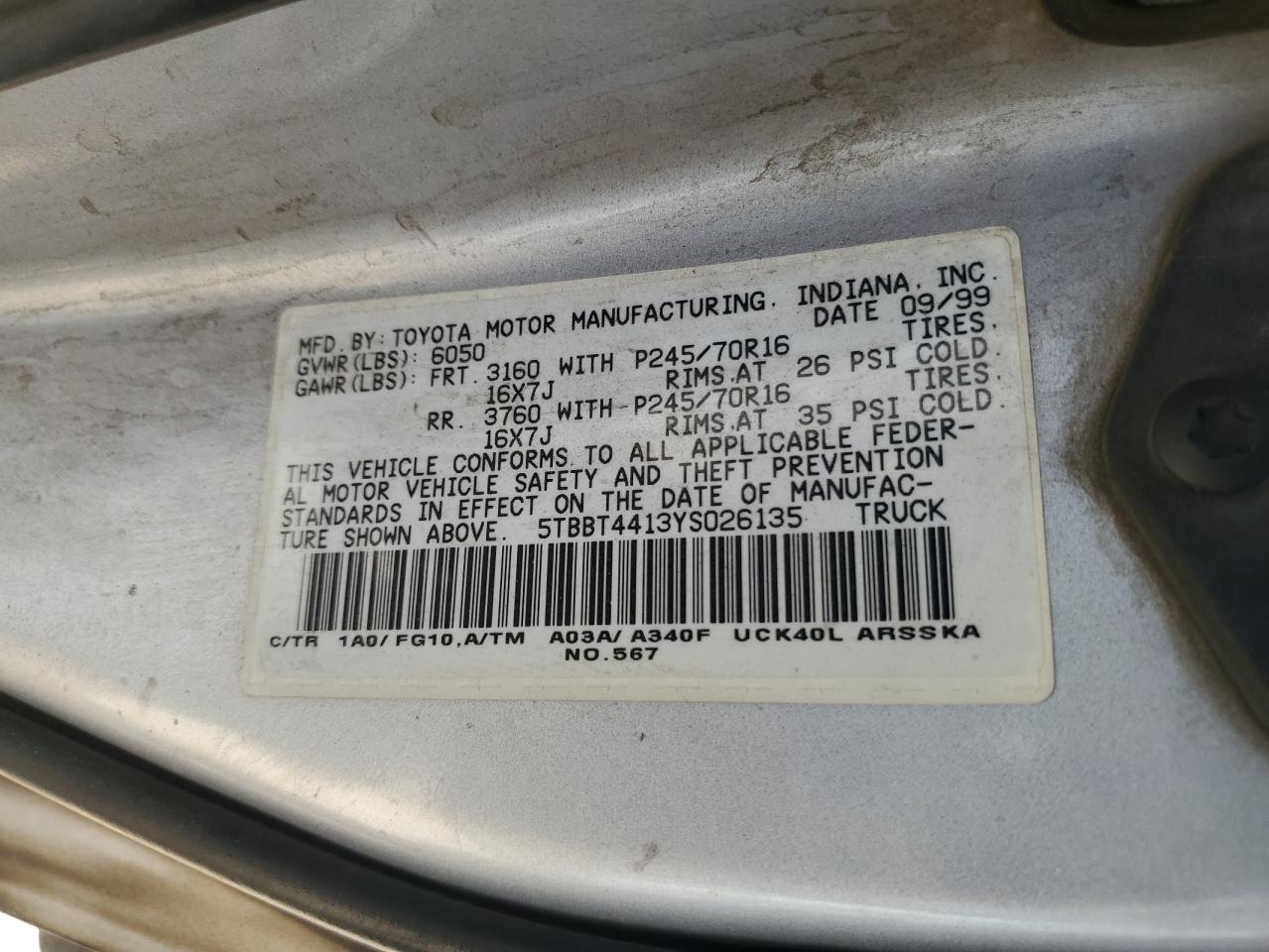 2000 Toyota Tundra VIN 5TBBT4413YS026135 Copart auction photo, side / mechanical damage thumbnail 12