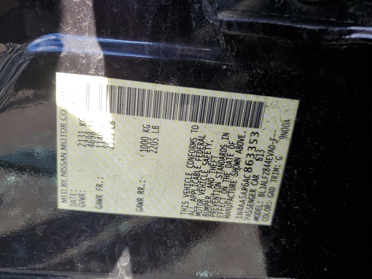 2010 Nissan Maxima VIN 1N4AA5AP6AC863353 Copart auction photo, vandalism / undercarriage damage thumbnail 14