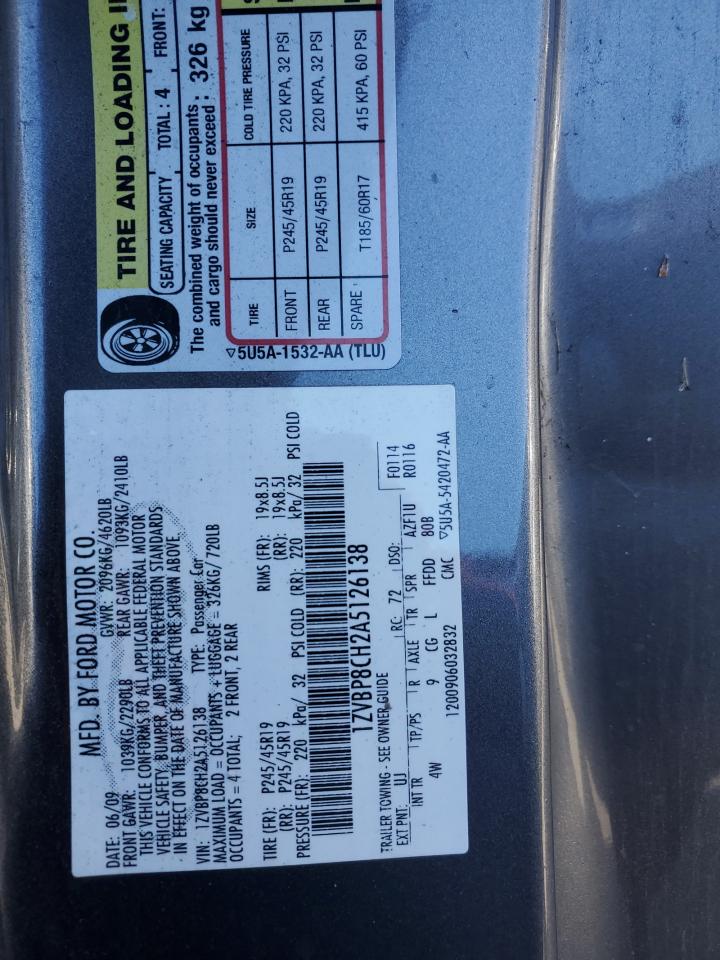 2010 Ford Mustang VIN 1ZVBP8CH2A5126138 Copart auction photo, mechanical damage thumbnail 12