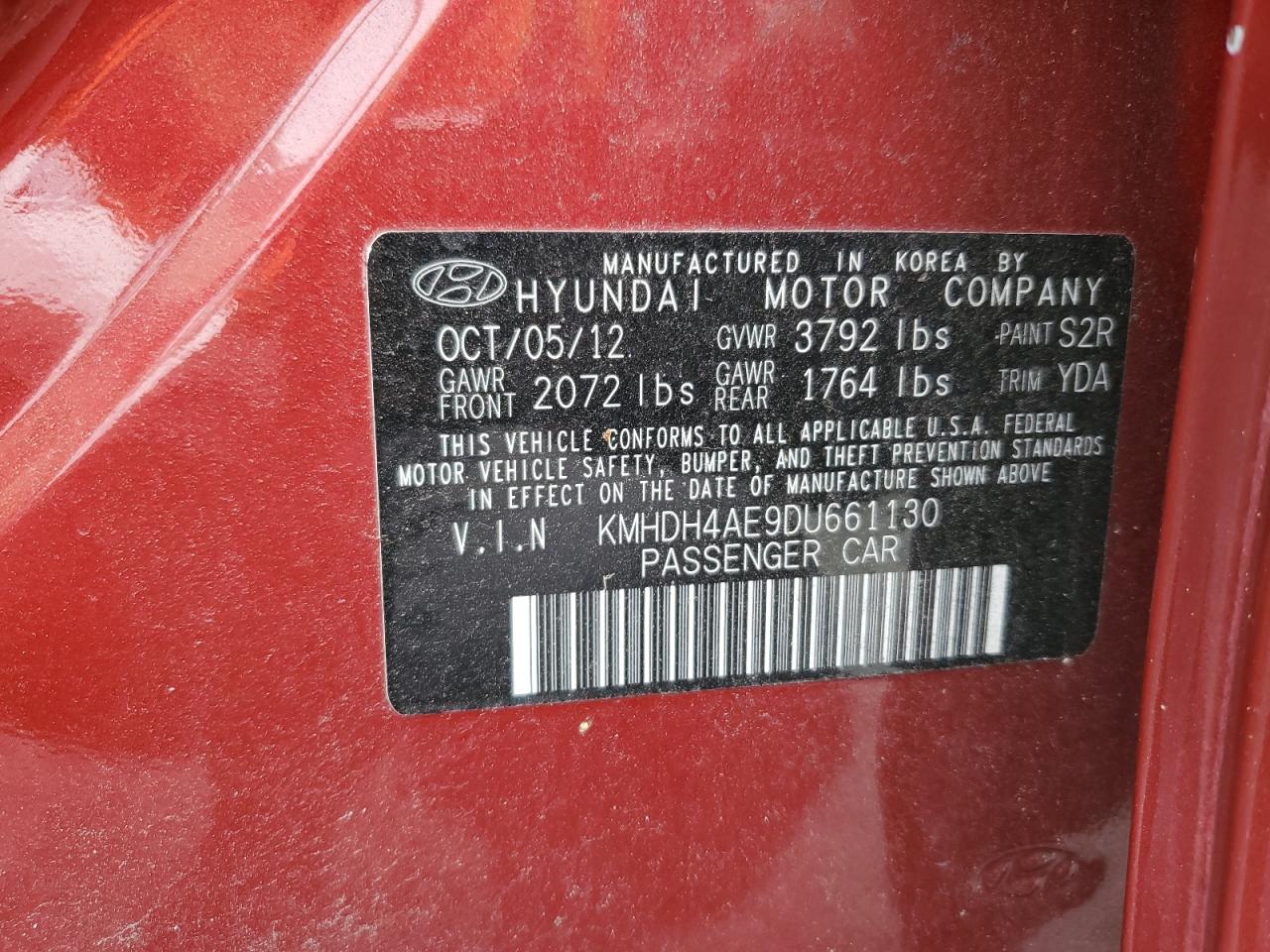 2013 Hyundai Elantra VIN KMHDH4AE9DU661130 Copart auction photo, side damage thumbnail 12