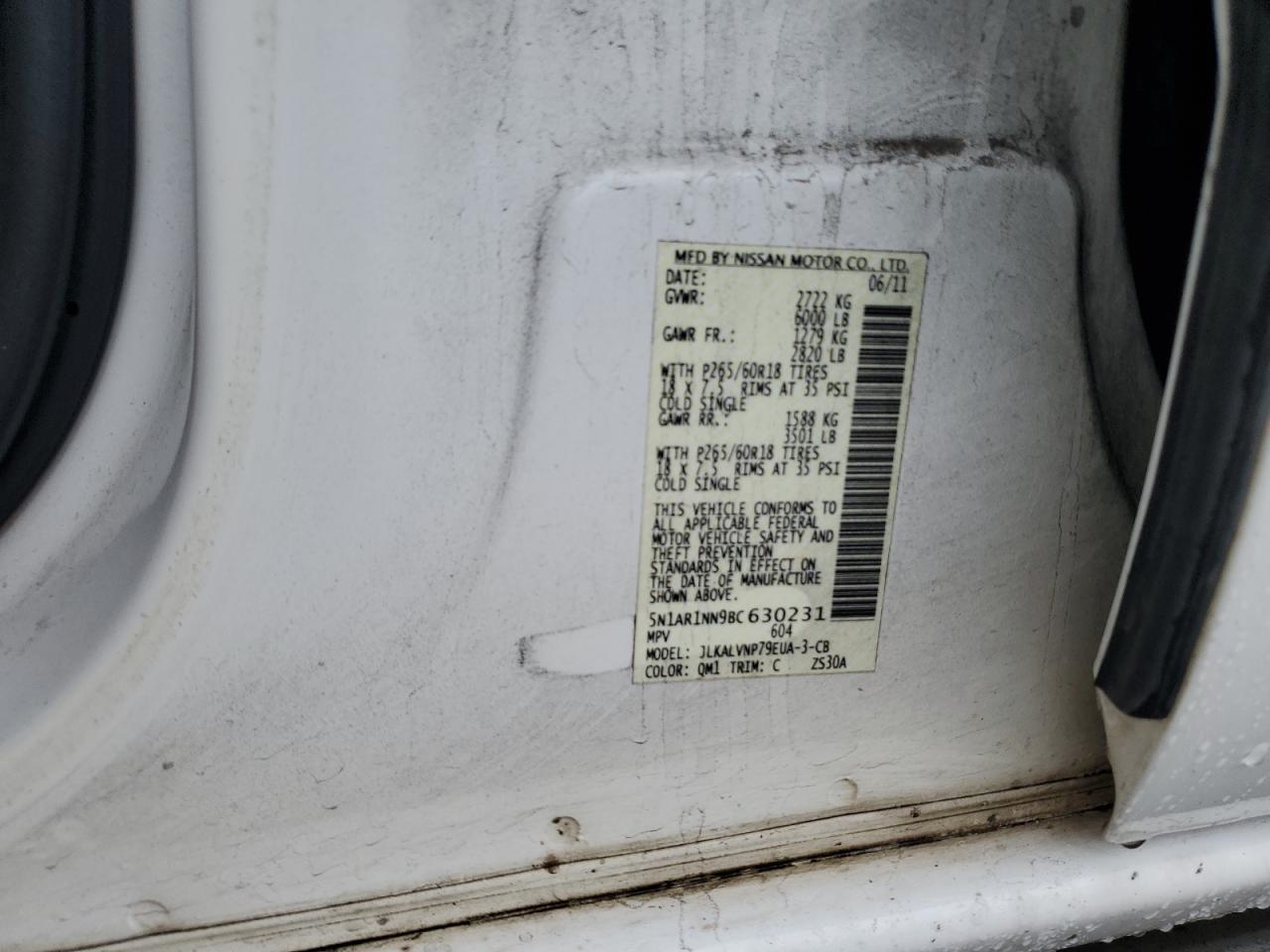 2011 Nissan Pathfinder VIN 5N1AR1NN9BC630231 Copart auction photo, front end / side damage thumbnail 14