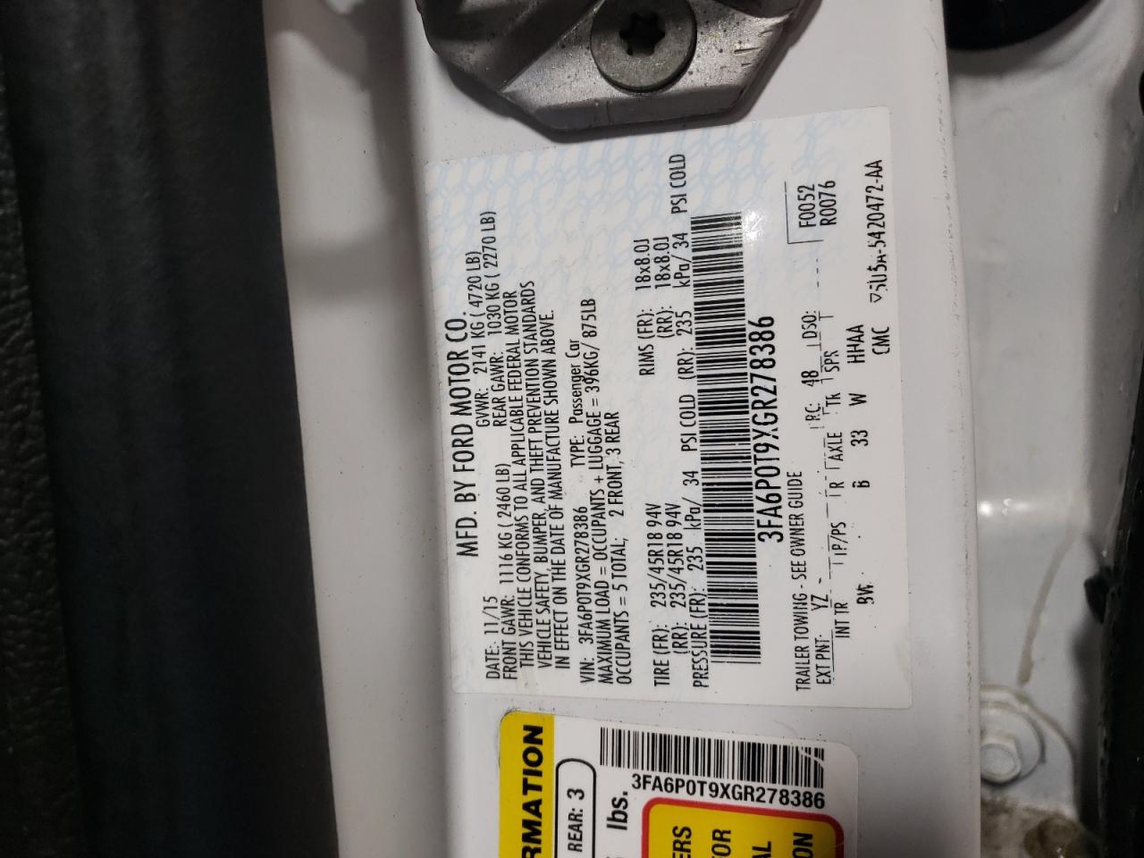 2016 Ford Fusion VIN 3FA6P0T9XGR278386 Copart auction photo, side damage thumbnail 12