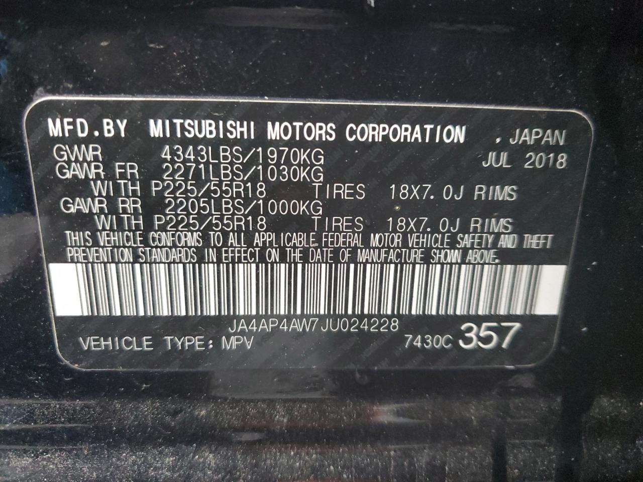 2018 Mitsubishi Outlander VIN JA4AP4AW7JU024228 Copart auction photo, rear end damage thumbnail 15