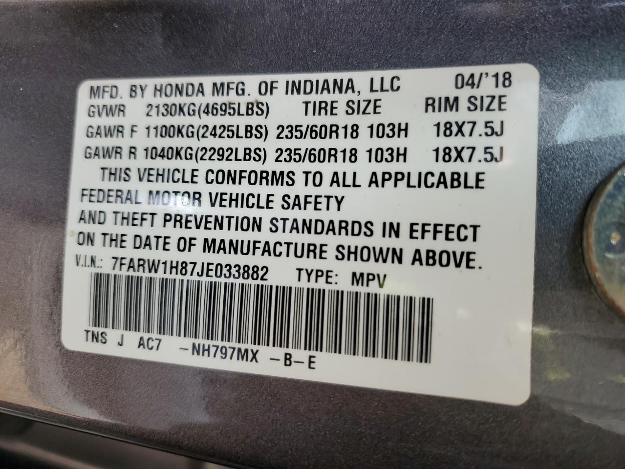 2018 Honda CR-V VIN 7FARW1H87JE033882 Copart auction photo, side damage thumbnail 15