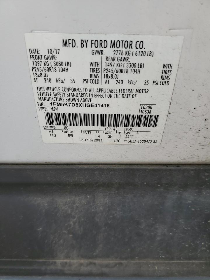 2017 Ford Explorer VIN 1FM5K7D8XHGE41416 Copart auction photo, front end damage thumbnail 12