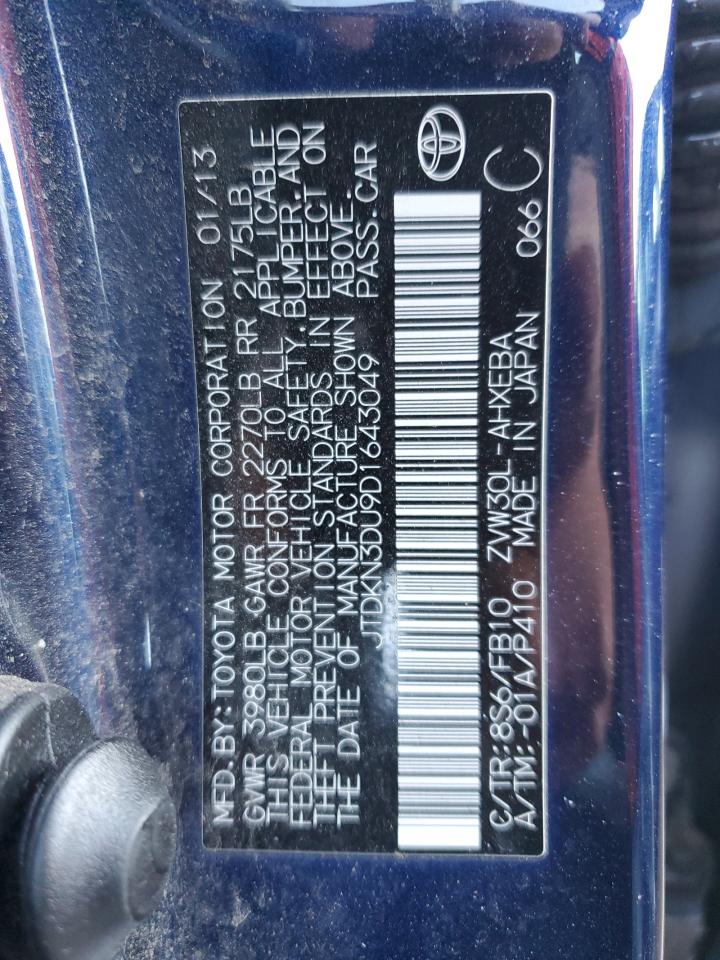 2013 Toyota Prius VIN JTDKN3DU9D1643049 Copart auction photo, front end / side damage thumbnail 12