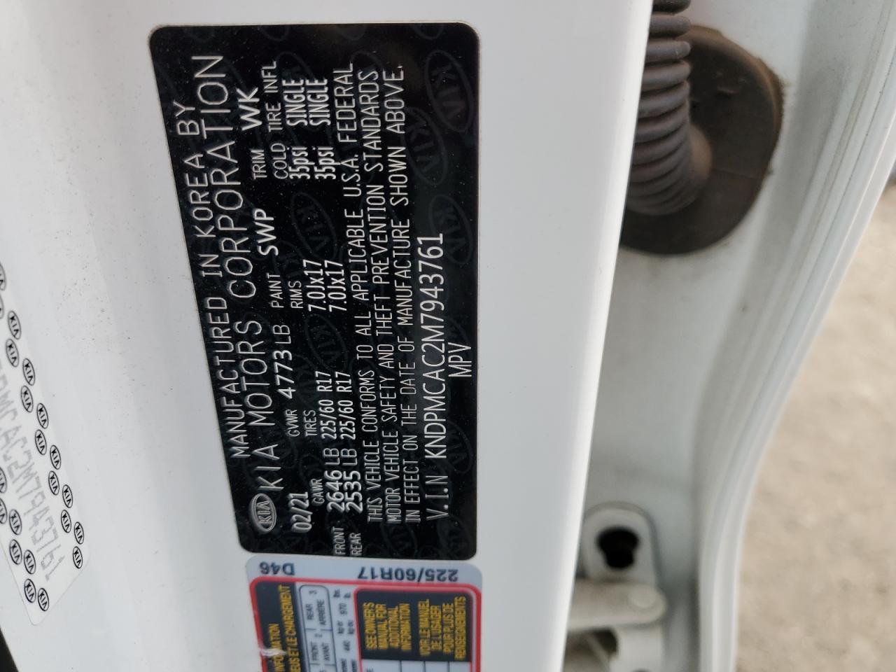 2021 KIA Sportage VIN KNDPMCAC2M7943761 Copart auction photo, front end damage thumbnail 13