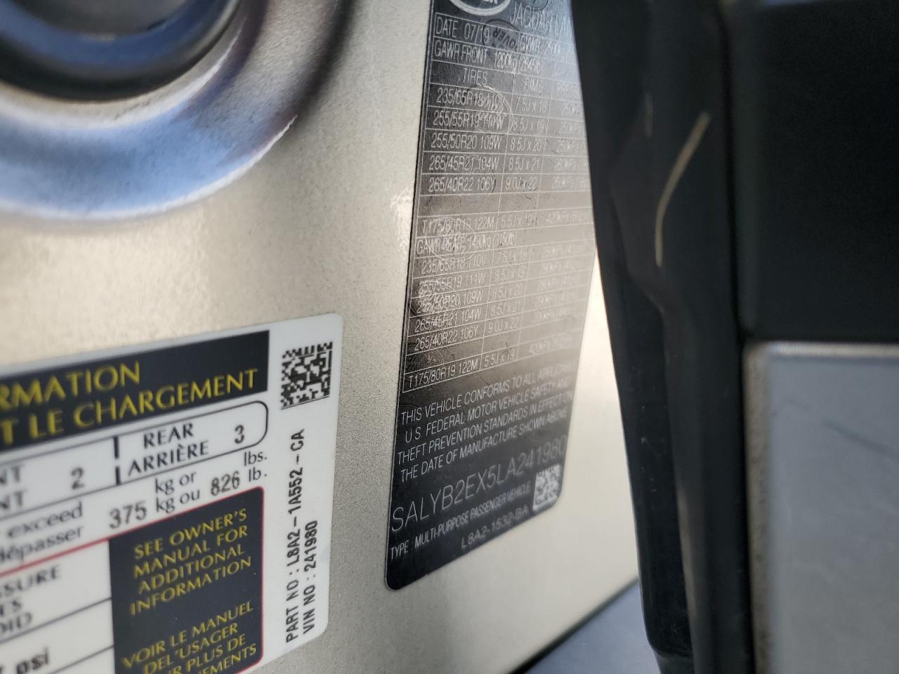 2020 Land Rover Range Rover VIN SALYB2EX5LA241980 Copart auction photo, rear end damage thumbnail 13