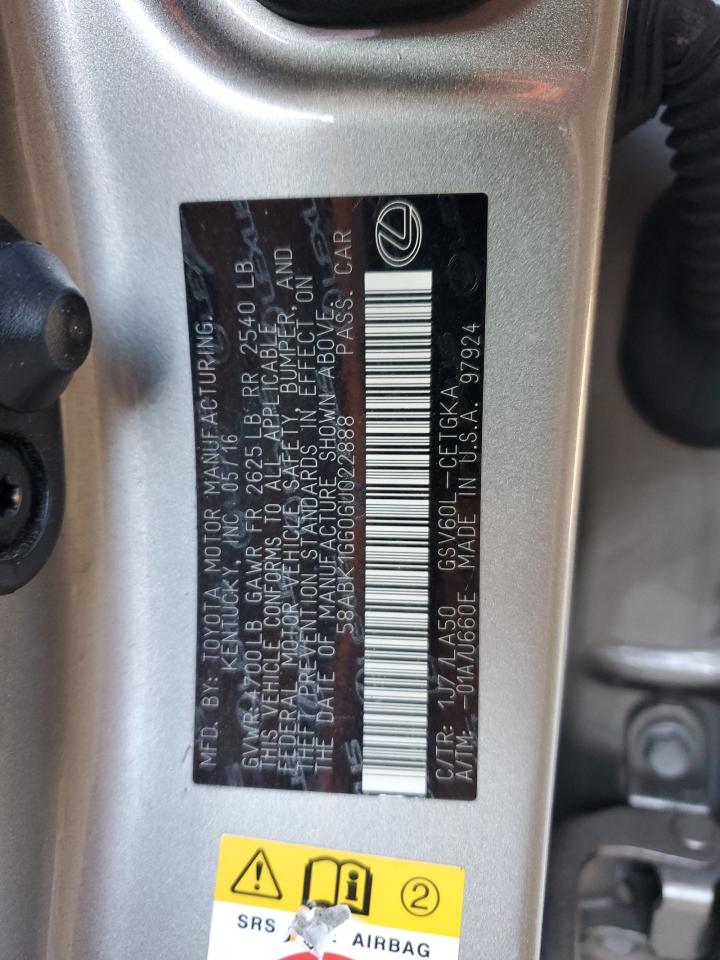 2016 Lexus ES VIN 58ABK1GG0GU022888 Copart auction photo, front end / side damage thumbnail 12