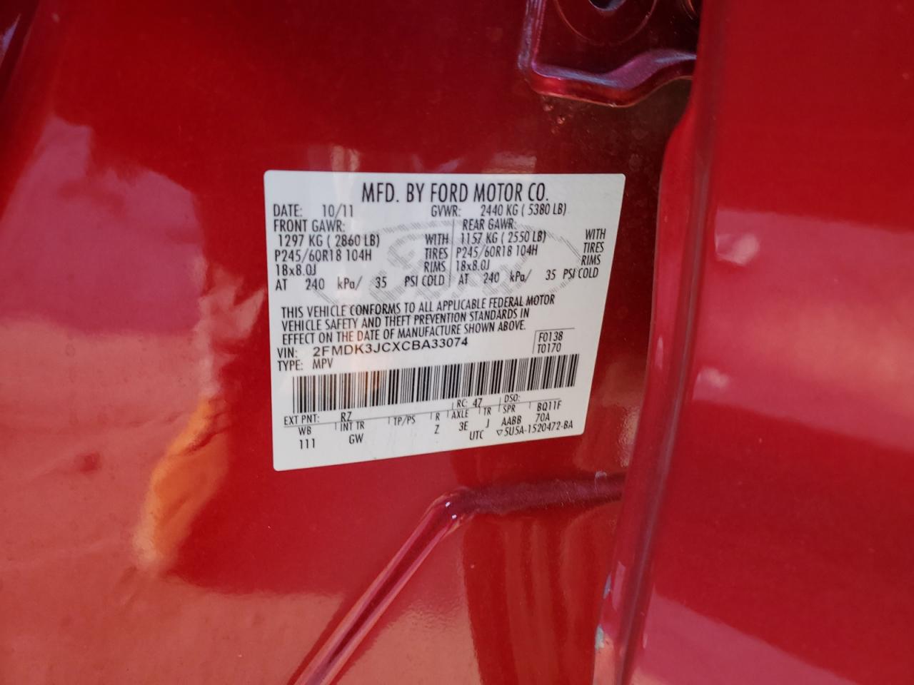 2012 Ford Edge VIN 2FMDK3JCXCBA33074 Copart auction photo, rear end damage thumbnail 13