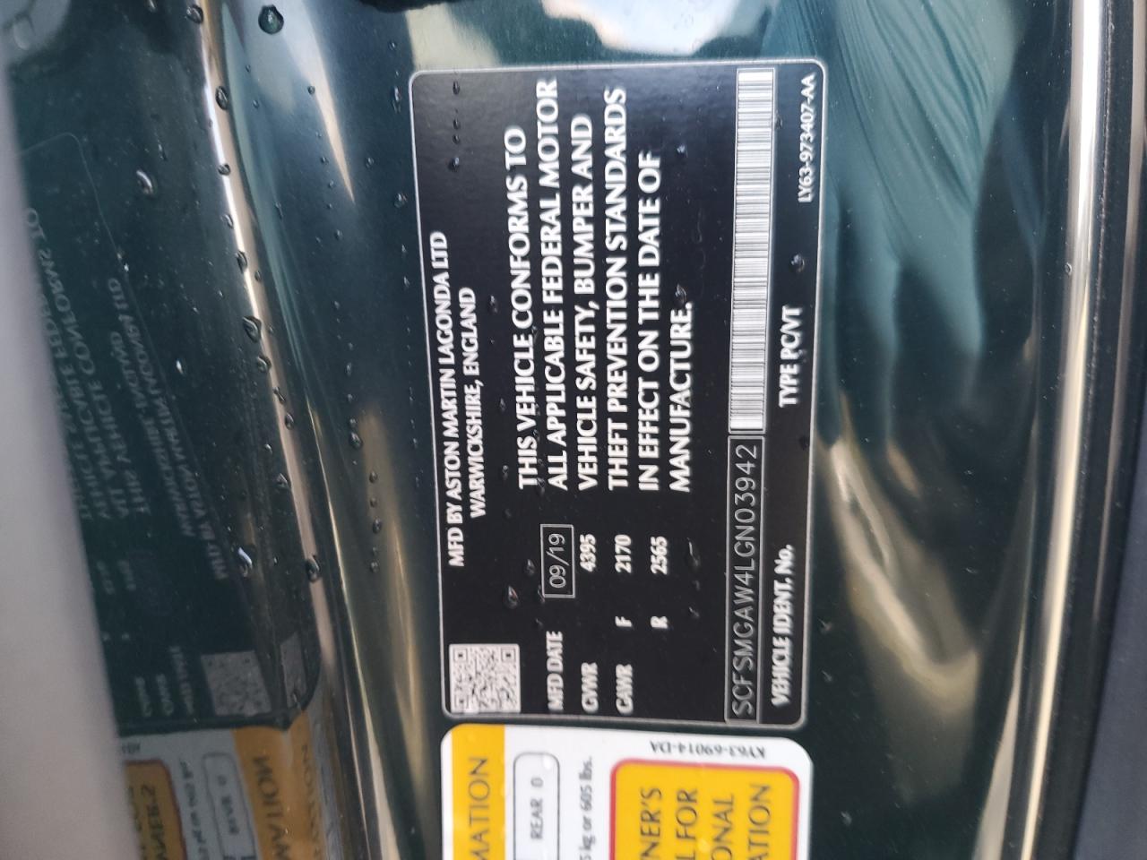2020 Aston Martin Vantage VIN SCFSMGAW4LGN03942 Copart auction photo, rear end damage thumbnail 12